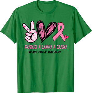 Breast Cancer Peace Love Cure In October We Wear Pink Ribbon T-Shirt - T-Shirt | Irish Green