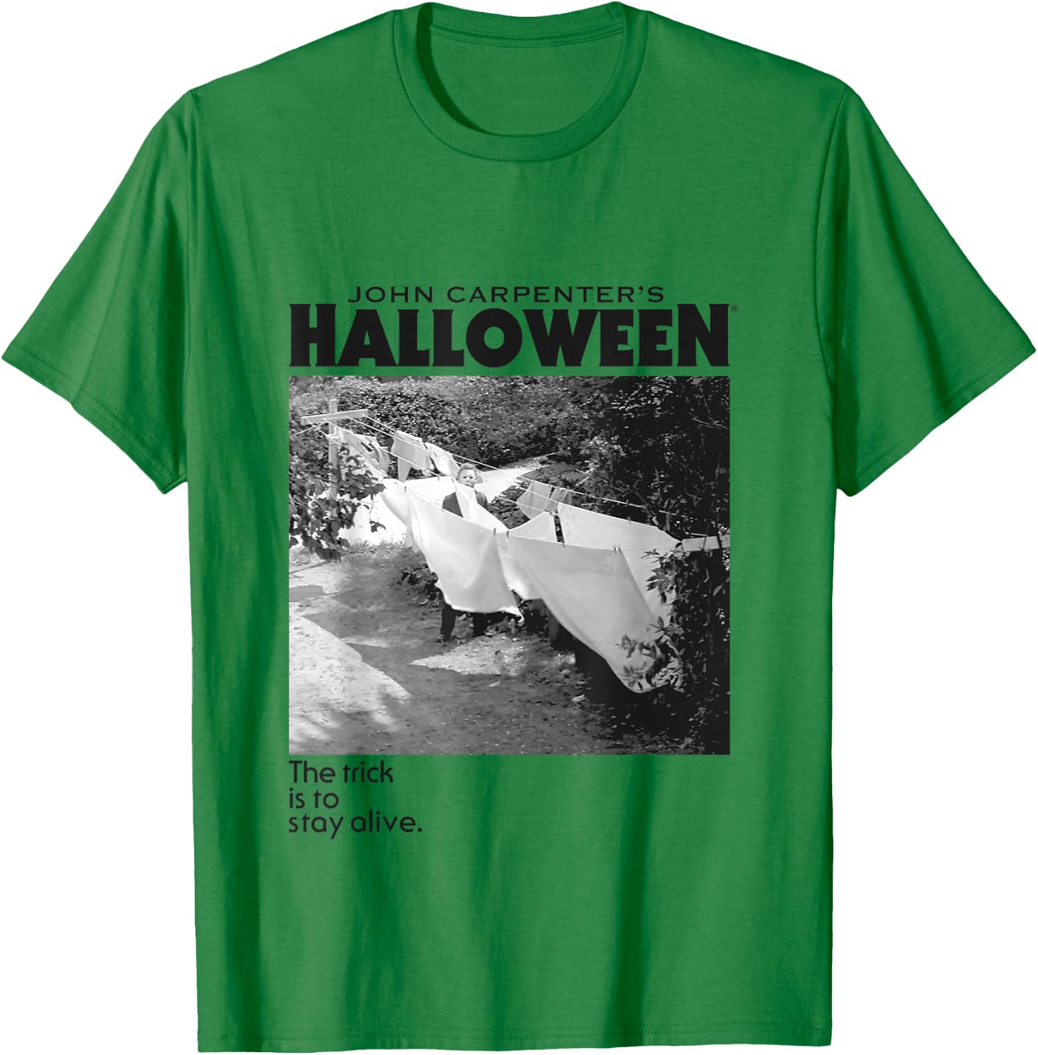 Halloween Michael Myers Standing by Clothes Line T-Shirt - T-Shirt | Irish Green