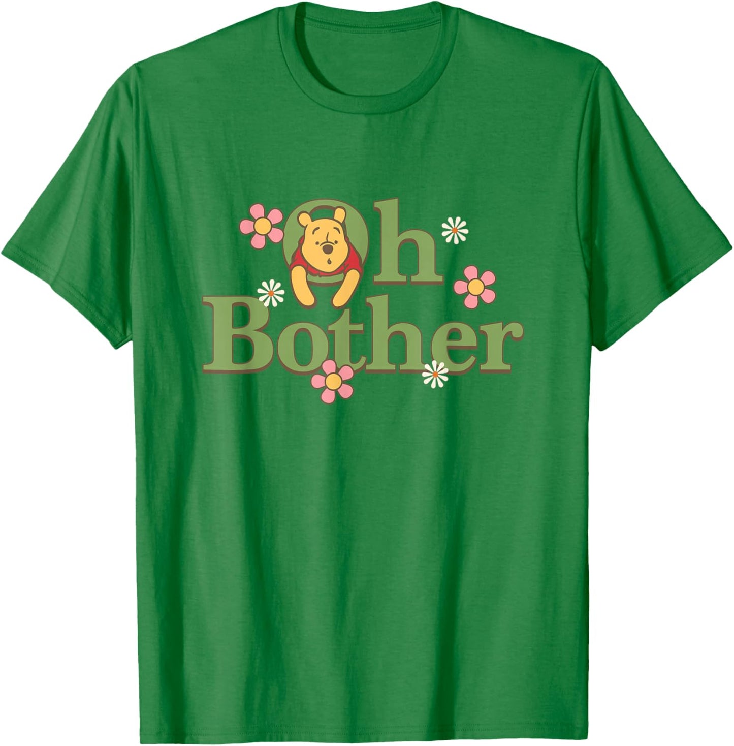 Disney Winnie the Pooh Oh Bother Cute Floral Chest Text Logo T-Shirt - T-Shirt | Irish Green
