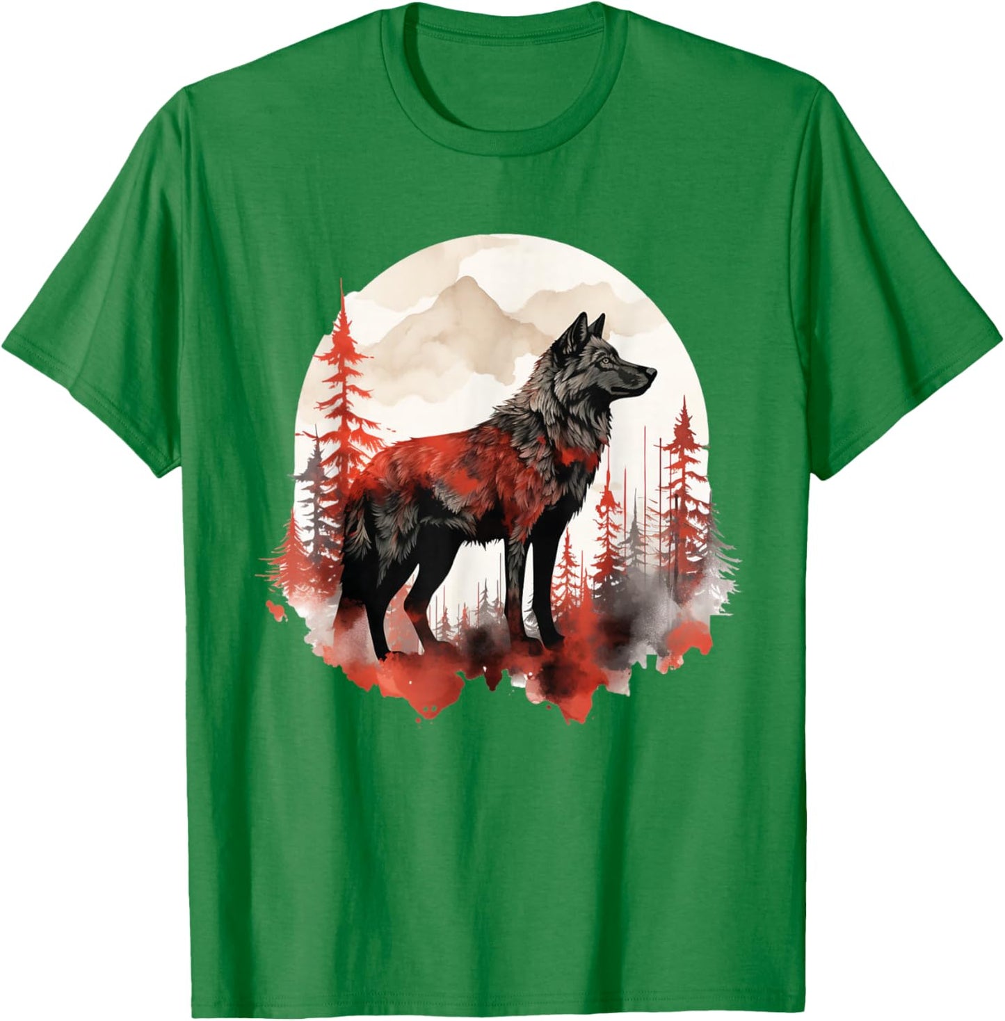 Wolf Splash Art Animal Face Forest Landscape Wolf T-Shirt - T-Shirt | Irish Green