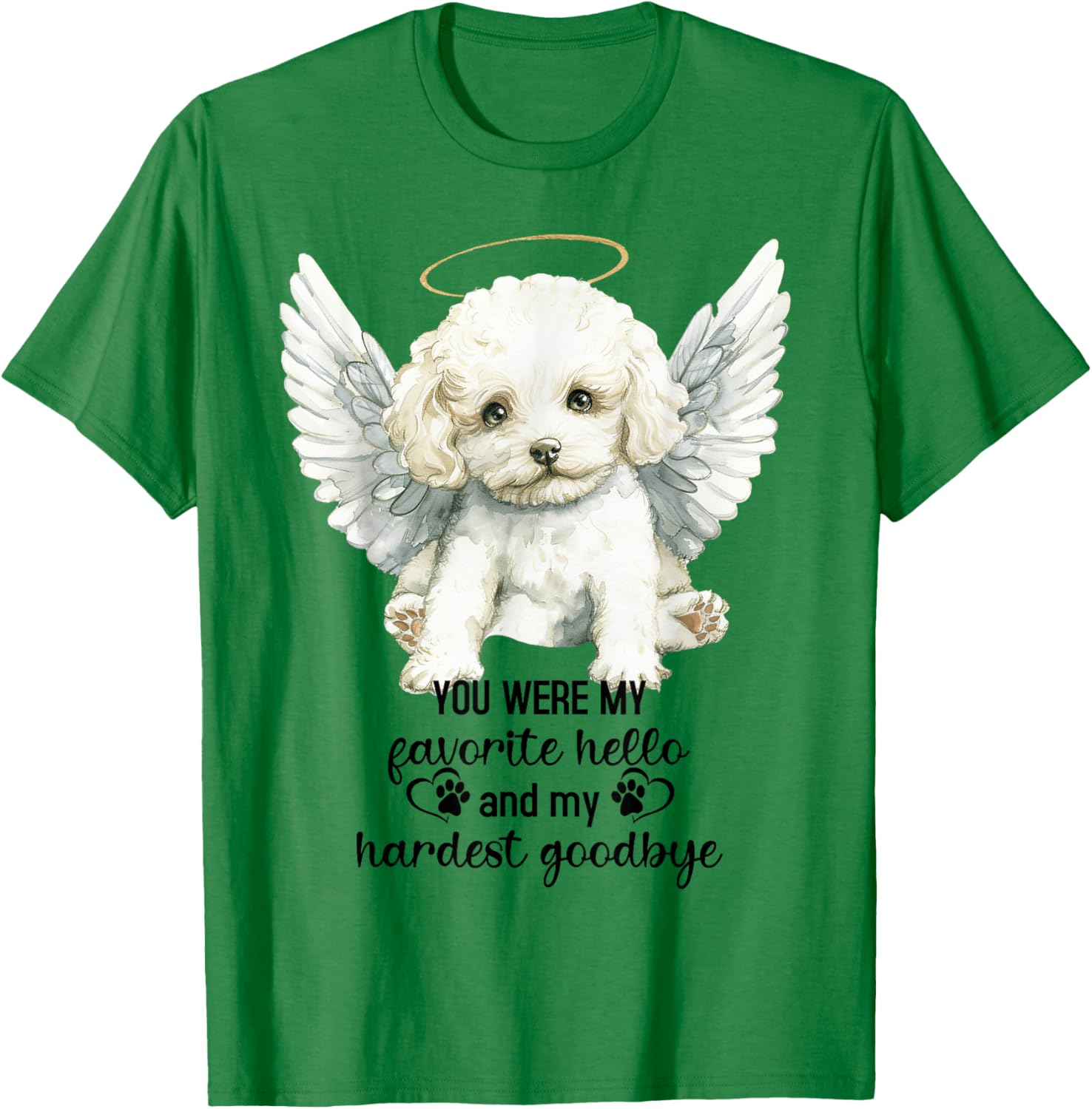 Bichon Frise Dog Memorial Angel Paw Prints Wings Goodbye T-Shirt - T-Shirt | Irish Green