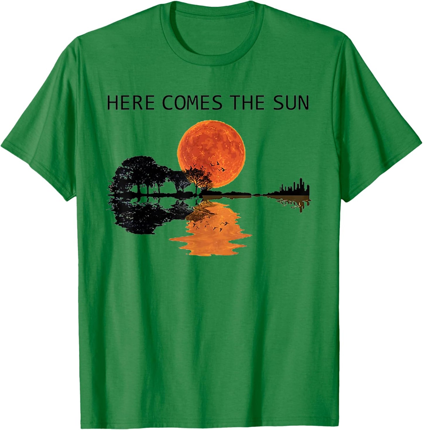 Here Comes The Sun Guitar Shadow Water Retro Sunset T-Shirt - T-Shirt | Irish Green
