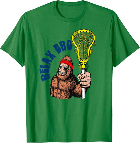 Relax Bro! Funny Sasquatch Lax Bigfoot Lacrosse Vintage 80s T-Shirt - T-Shirt | Irish Green