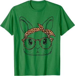 Cute Bunny Rabbit Face Leopard Glasses Girl Happy Easter Day T-Shirt - T-Shirt | Irish Green