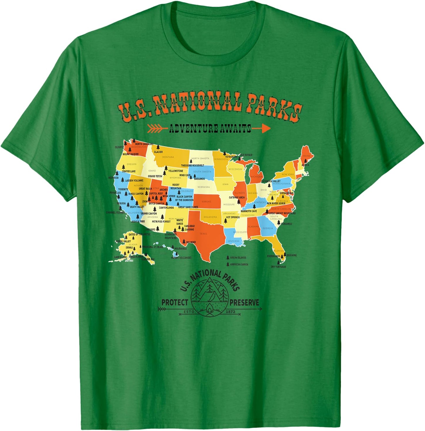 U.S. National Park Hiking Map - All 63 US National Parks Map T-Shirt - T-Shirt | Irish Green