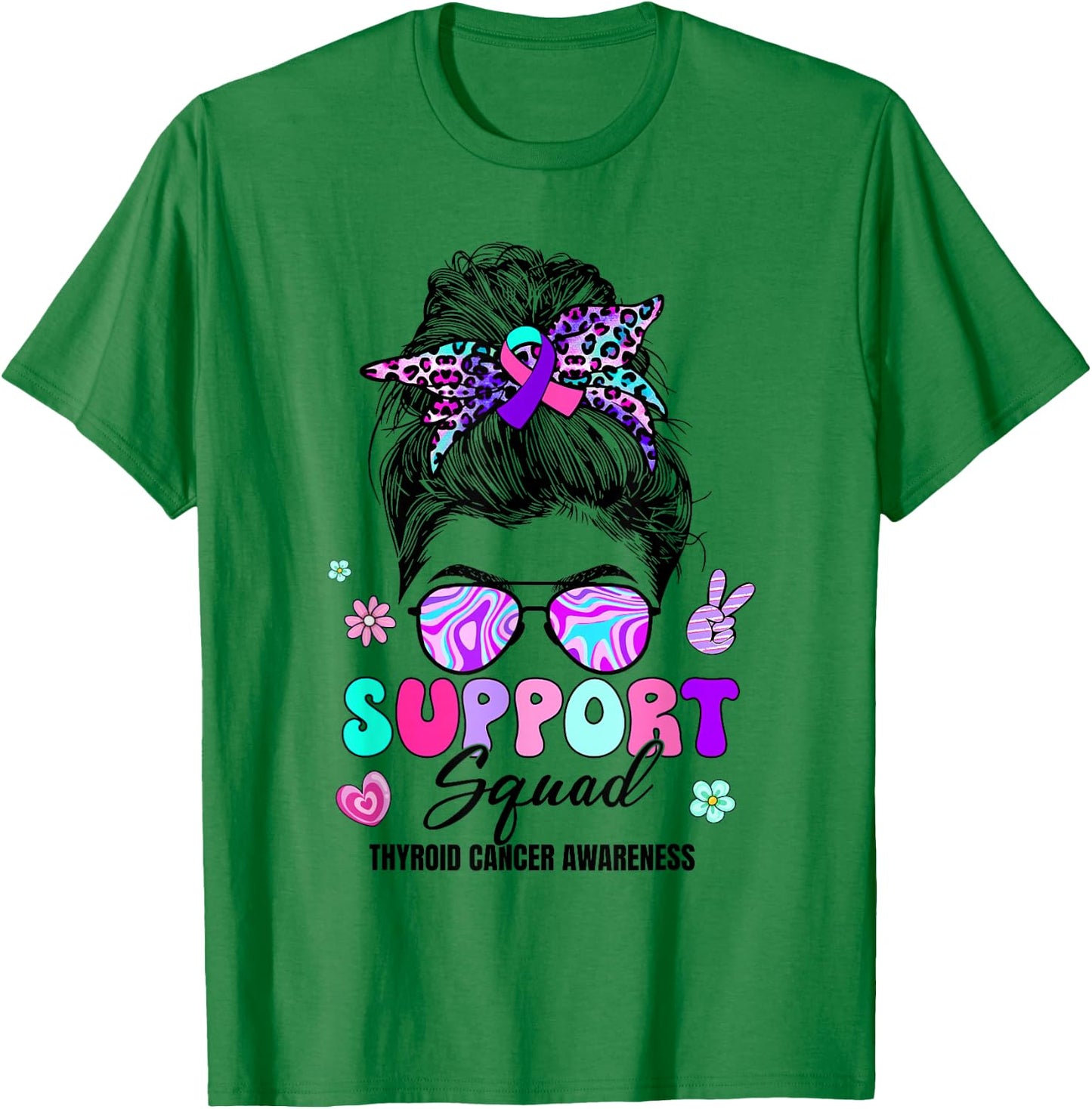 Support Squad Messy Bun Thyroid Cancer Awareness Groovy T-Shirt - T-Shirt | Irish Green