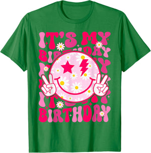 Groovy It's My Birthday Women Teens Girls Preppy Smile Face T-Shirt - T-Shirt | Irish Green