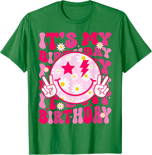 Groovy It's My Birthday Women Teens Girls Preppy Smile Face T-Shirt - T-Shirt | Irish Green