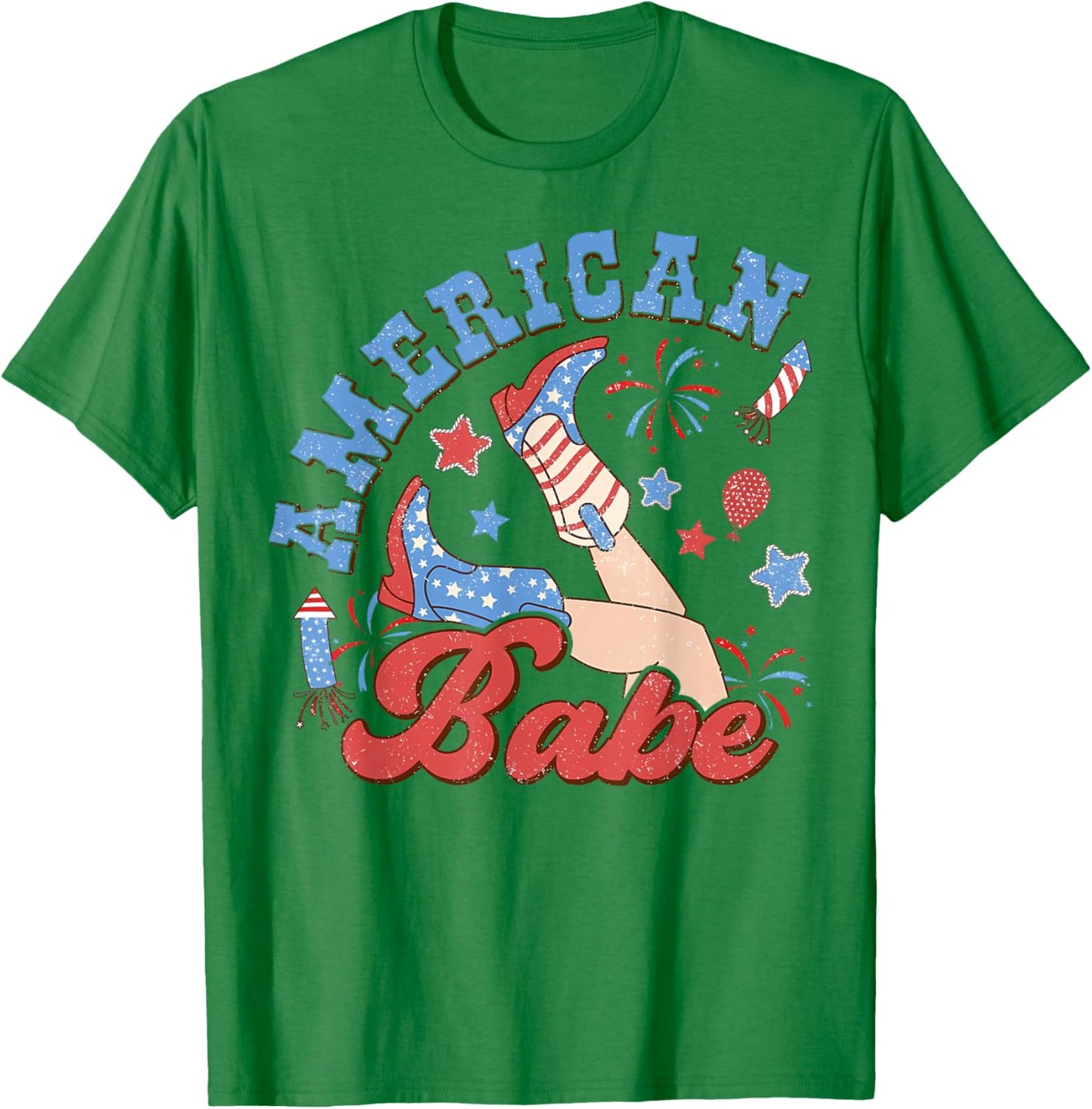 Retro American Girls Babe 4th Of July Western Cowgirl Boots T-Shirt - T-Shirt | Irish Green