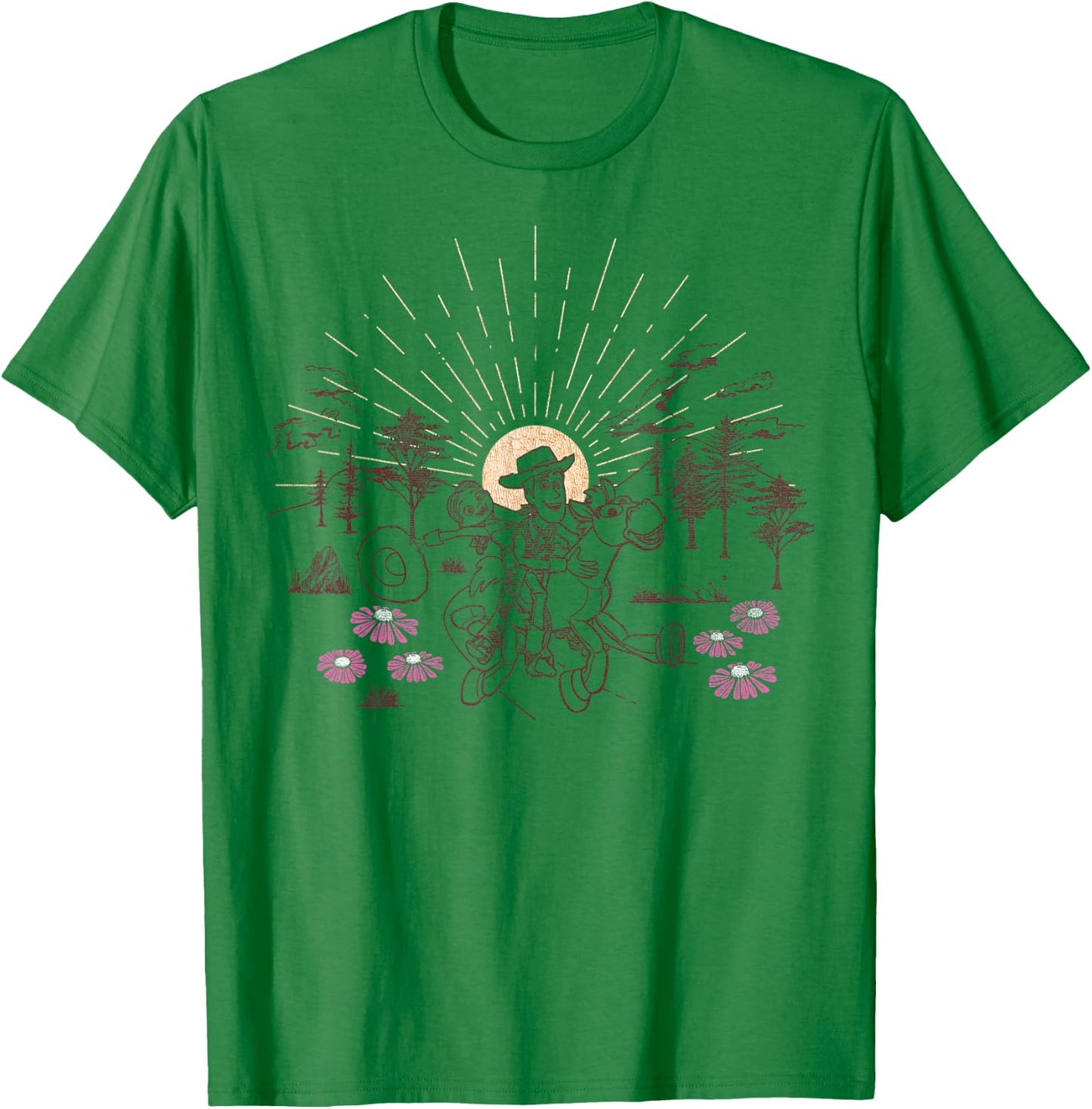 Disney Pixar Toy Story Woody Jessie Bullseye Line Art T-Shirt - T-Shirt | Irish Green
