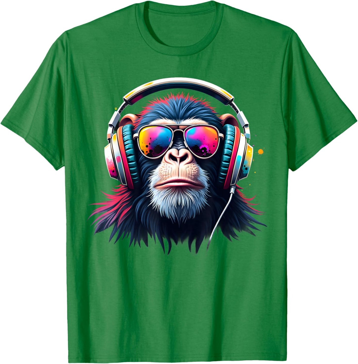 Colourful Monkey With Headphones & Glasses Musical Monkey T-Shirt - T-Shirt | Irish Green
