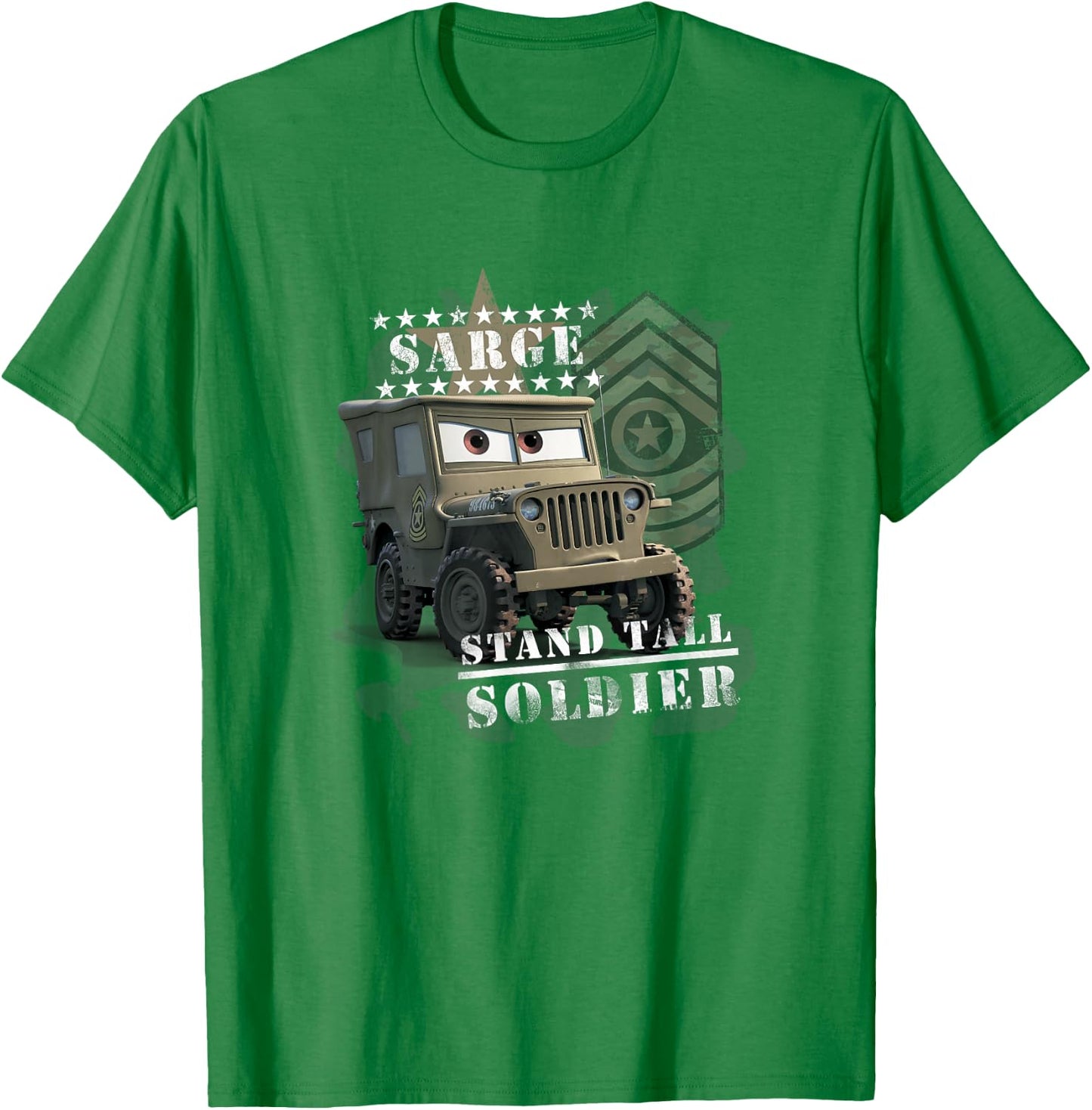 Disney Pixar Cars Sarge Stand Tall Soldier Vintage Shot T-Shirt - T-Shirt | Irish Green