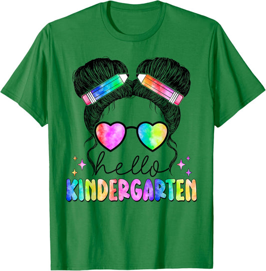 Hello Kindergarten Messy Hair Bun Girl Back To School Gift T-Shirt - T-Shirt | Irish Green