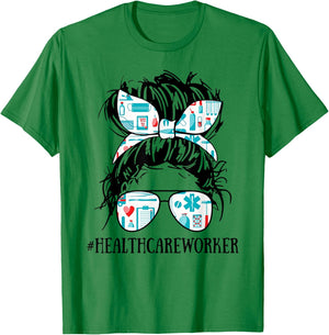 Messy Hair Woman Bun Healthcare Worker - Nurse Life T-Shirt - T-Shirt | Irish Green
