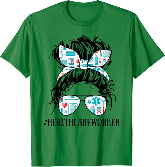Messy Hair Woman Bun Healthcare Worker - Nurse Life T-Shirt - T-Shirt | Irish Green