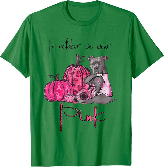 In October We Wear Pink - Breast Cancer Awareness Pitbull T-Shirt - T-Shirt | Irish Green