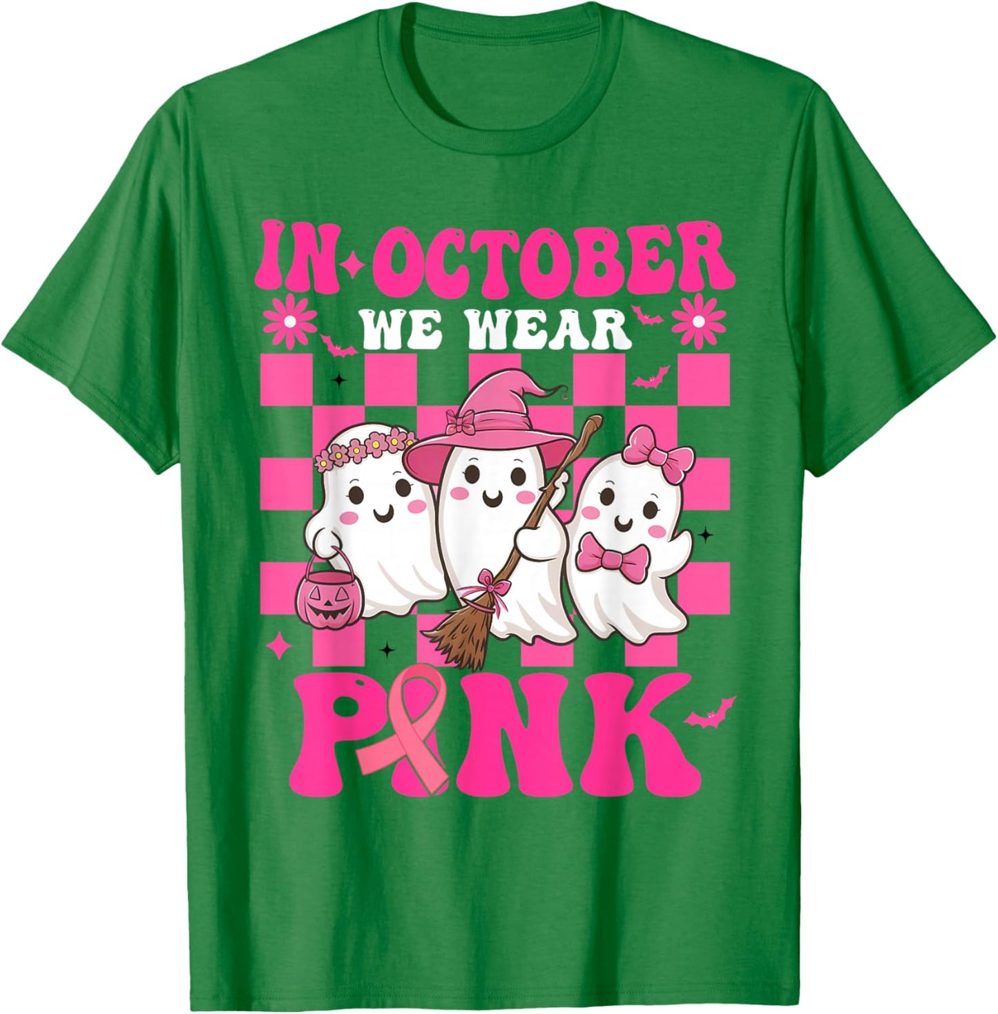 Groovy Wear Pink Breast Cancer Warrior Cute Ghost Halloween T-Shirt - T-Shirt | Irish Green