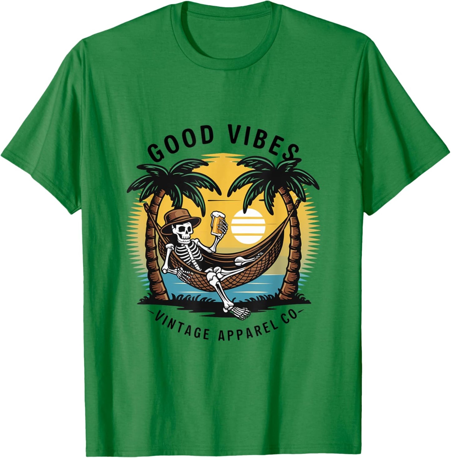 Good Vibes Skeleton Hammock Sunset T-Shirt - T-Shirt | Irish Green