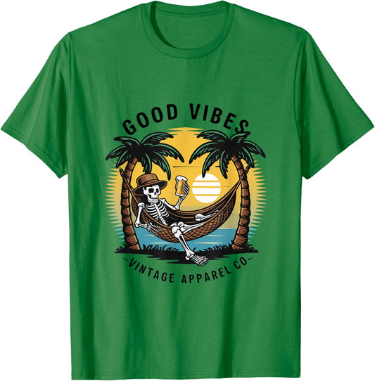 Good Vibes Skeleton Hammock Sunset T-Shirt - T-Shirt | Irish Green