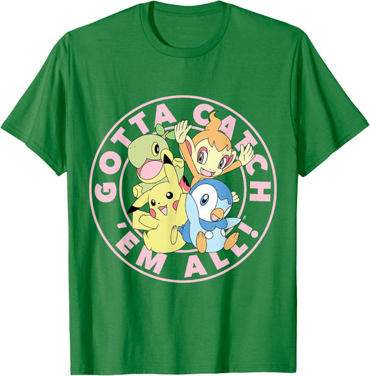 Pokémon - Gotta Catch Em All Pikachu Piplup Chimchar Turtwig T-Shirt - T-Shirt | Irish Green