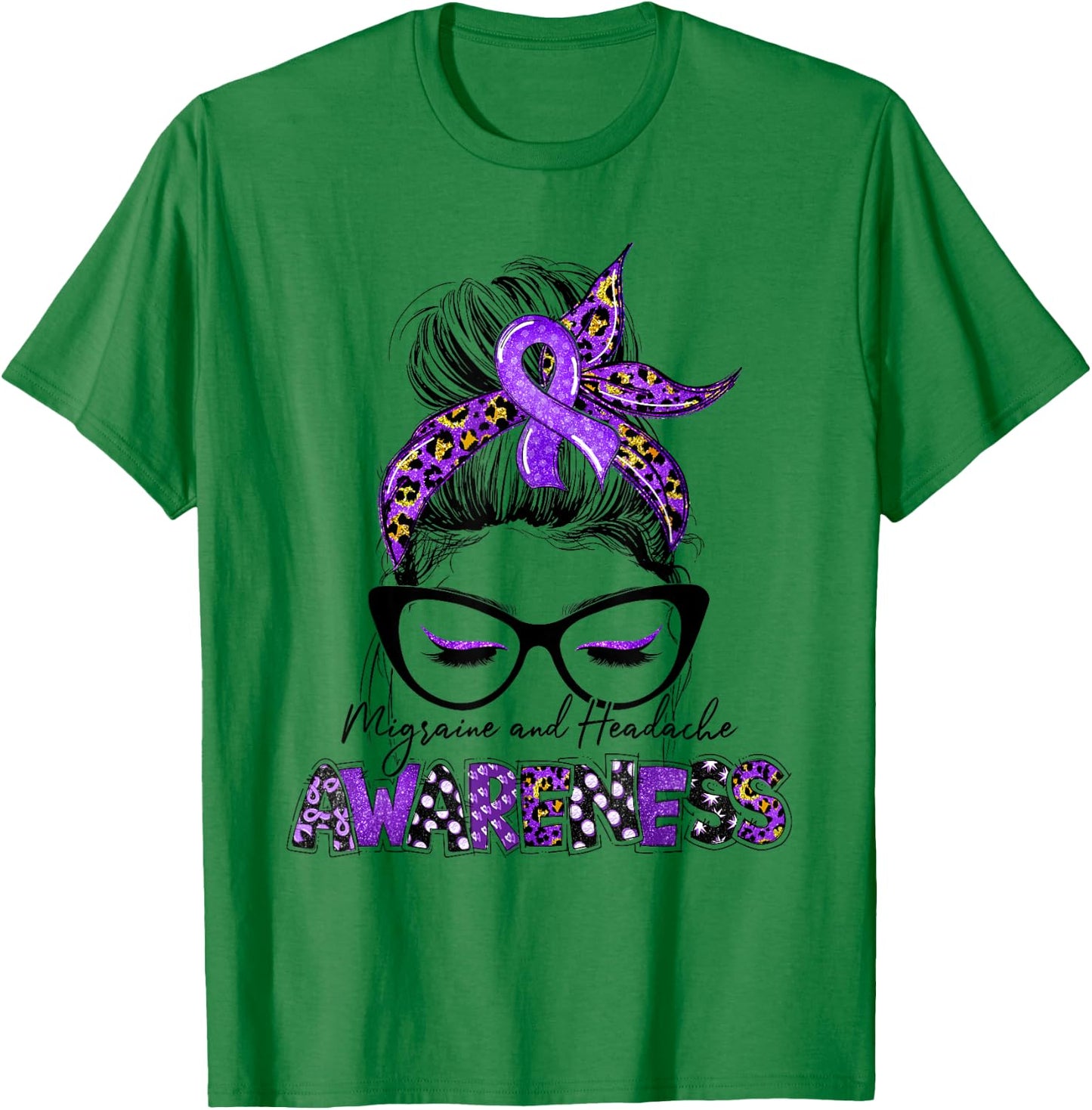 Purple Ribbon Messy Bun Migraine Headache Awareness Month T-Shirt - T-Shirt | Irish Green