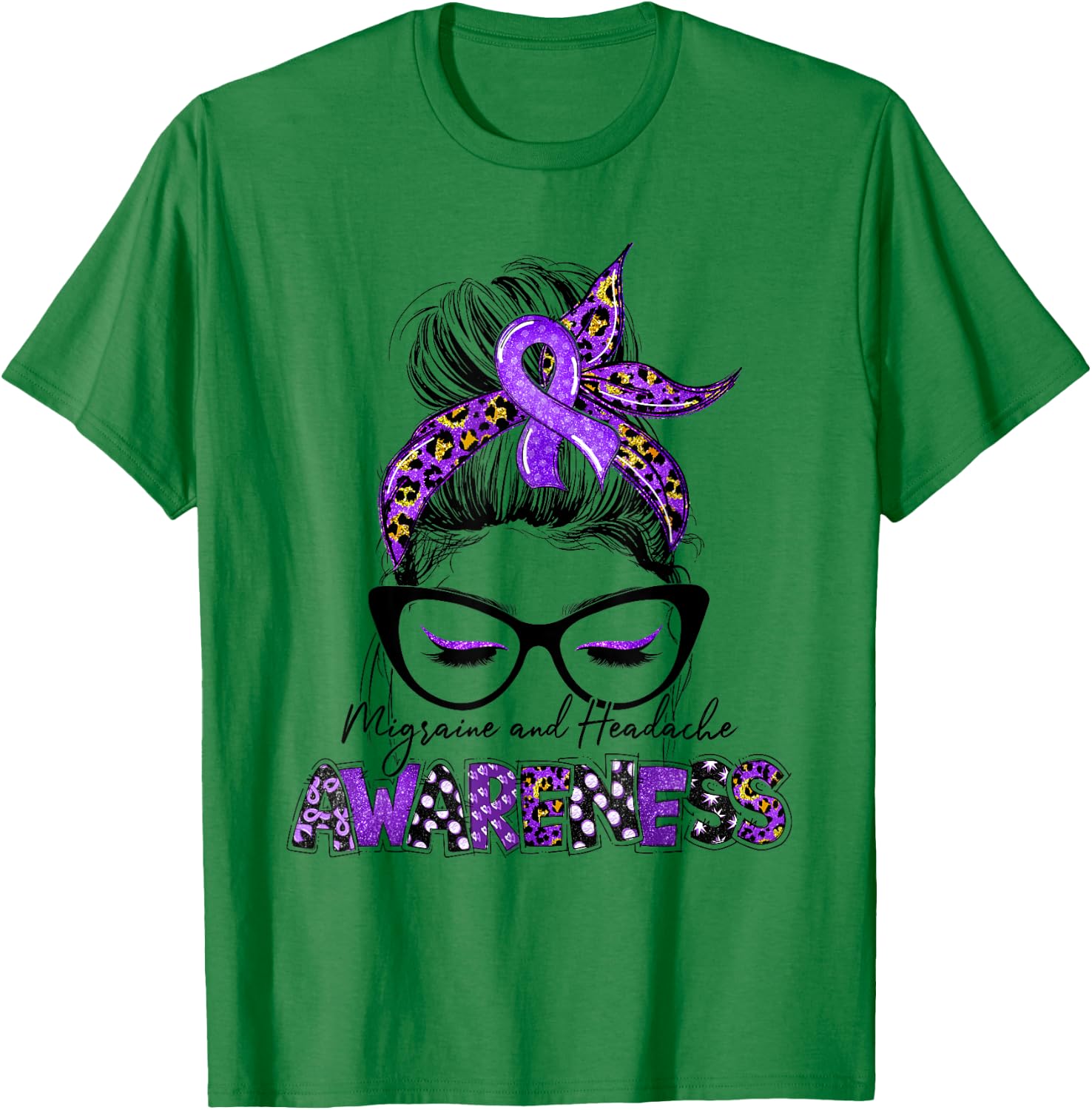 Purple Ribbon Messy Bun Migraine Headache Awareness Month T-Shirt - T-Shirt | Irish Green