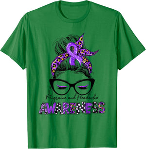 Purple Ribbon Messy Bun Migraine Headache Awareness Month T-Shirt - T-Shirt | Irish Green