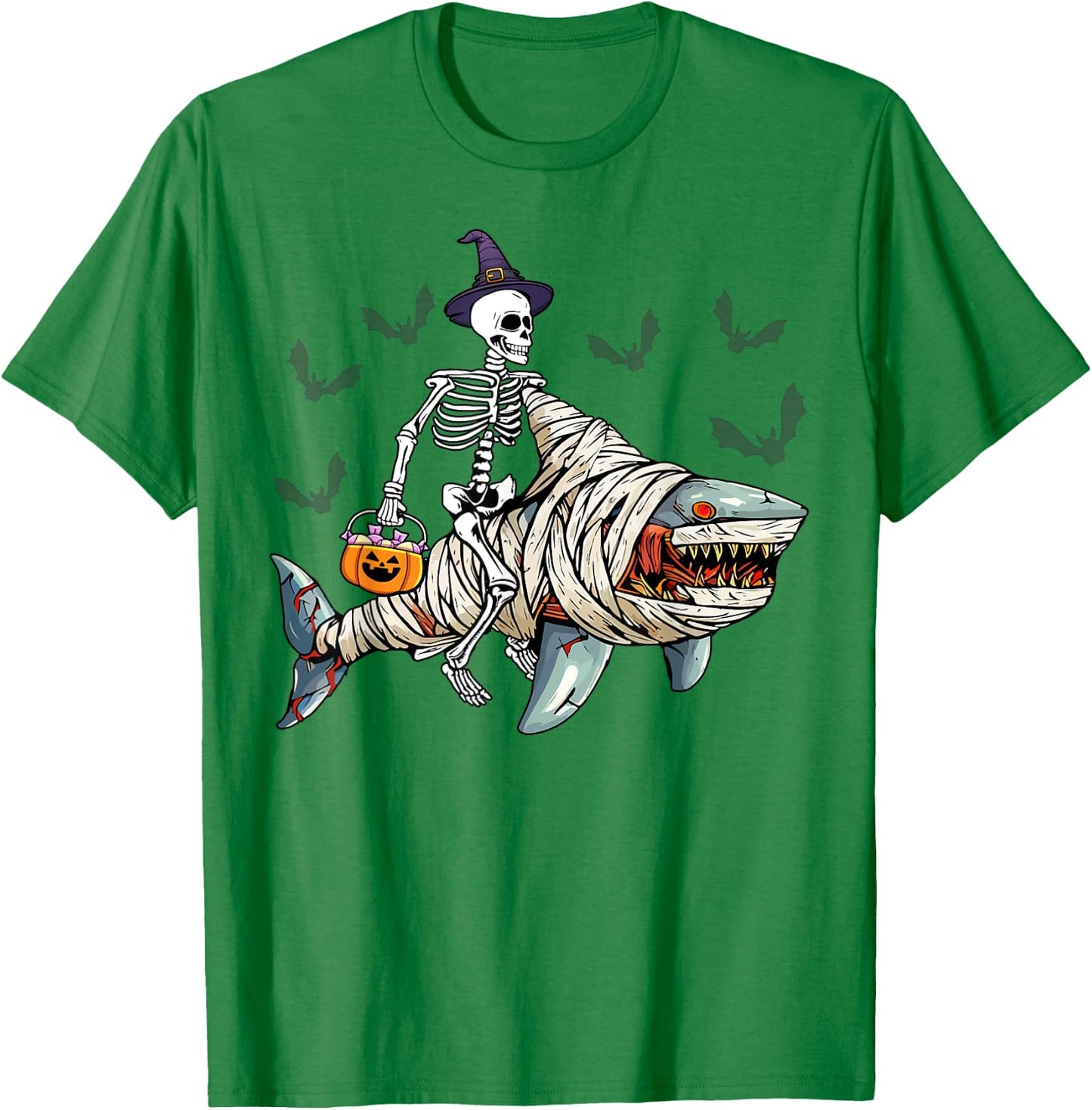 Skeleton Riding Mummy Shark Funny Halloween Pumpkin Witch T-Shirt - T-Shirt | Irish Green