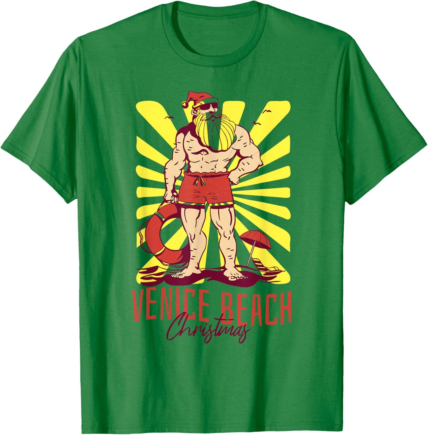 Venice Beach Christmas Buff Santa Lifeguard T-Shirt - T-Shirt | Irish Green