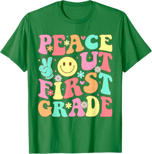Peace Out First Grade Groovy 1st Grade Last Day of School T-Shirt - T-Shirt | Irish Green