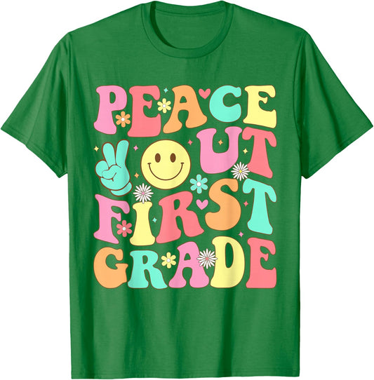 Peace Out First Grade Groovy 1st Grade Last Day of School T-Shirt - T-Shirt | Irish Green