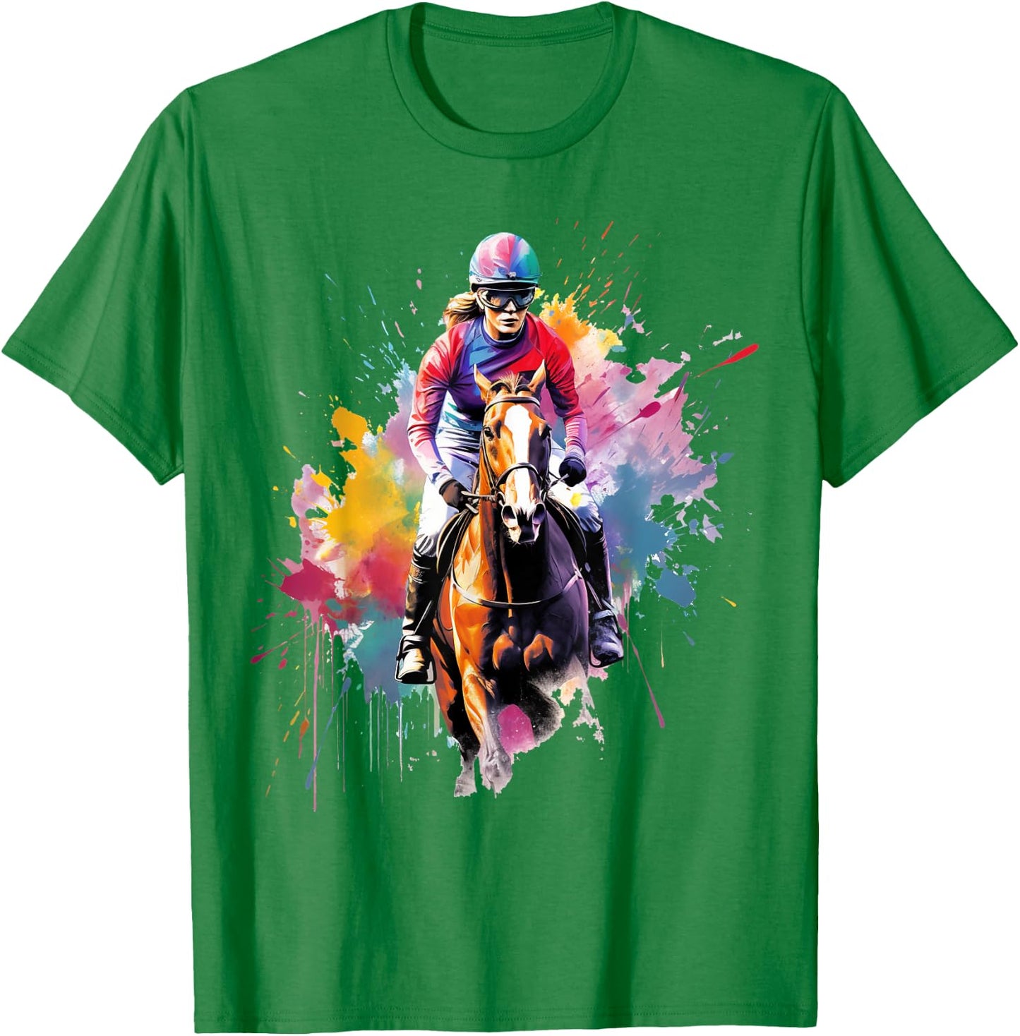 Colorful Jockey Girl on Horse Racing T-Shirt - T-Shirt | Irish Green