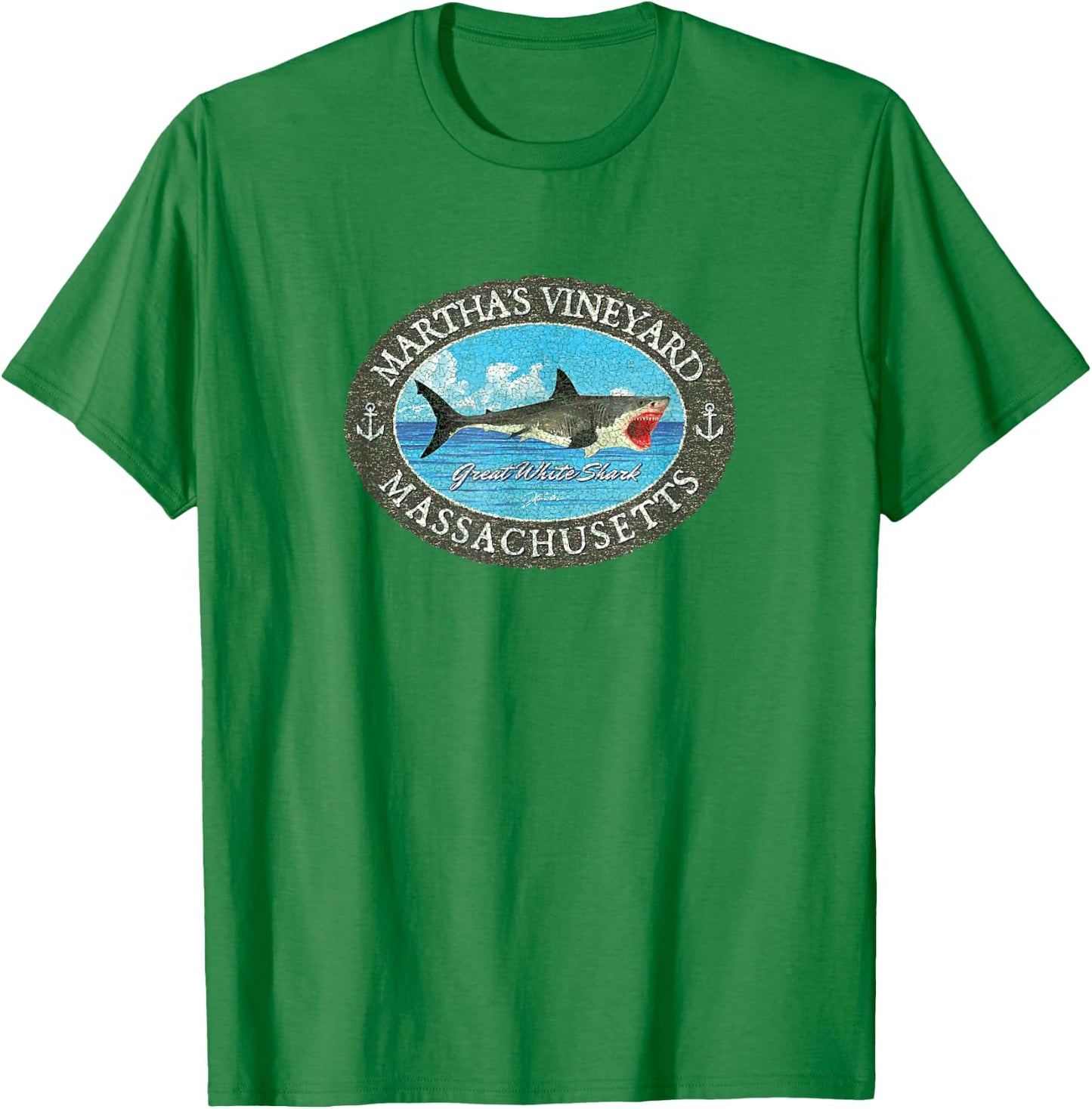 JCombs: Martha's Vineyard, MA, Great White Shark and Sea T-Shirt - T-Shirt | Irish Green