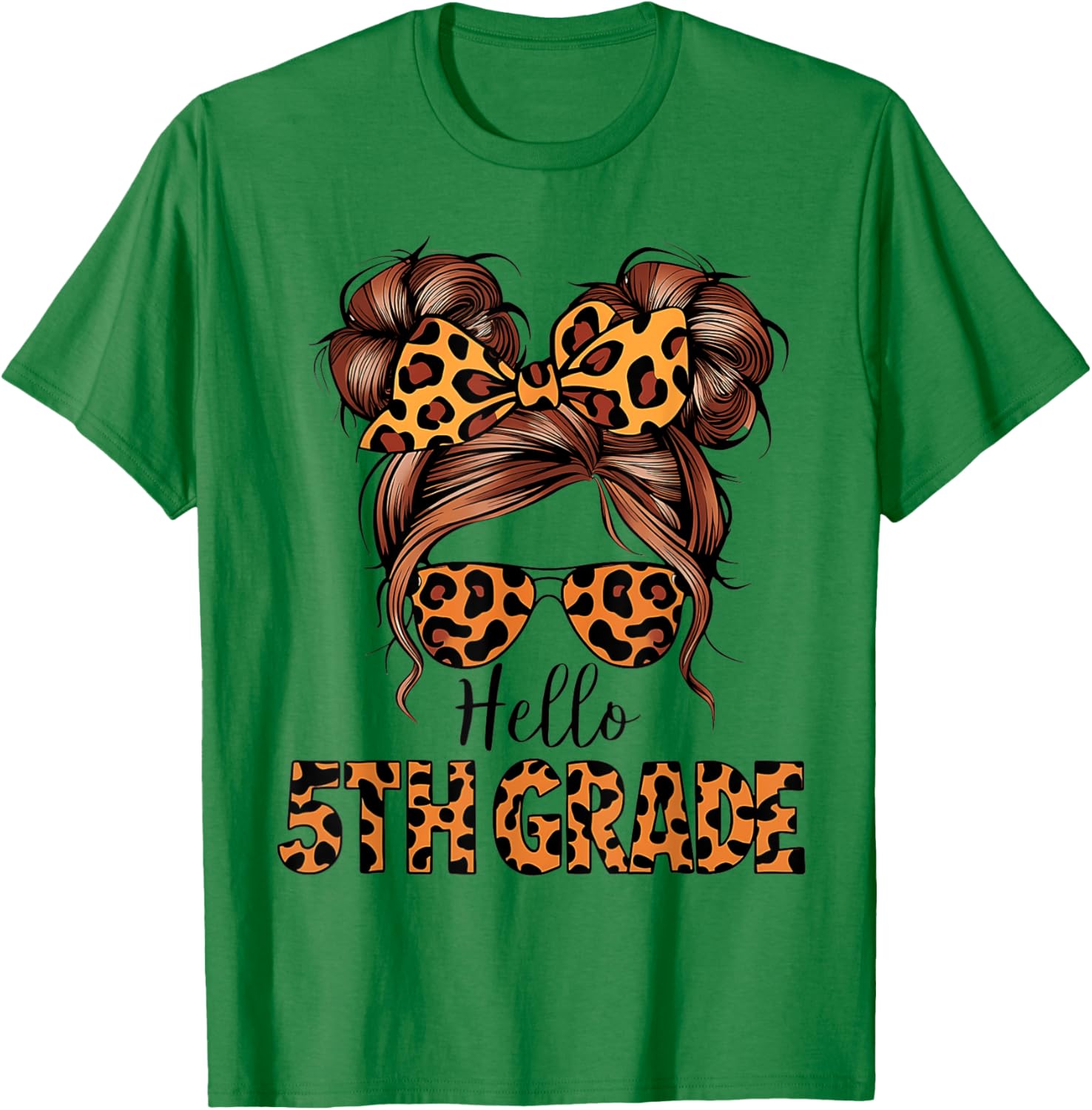 Hello 5th Grade Messy Hair Bun Girl Back To School First Day T-Shirt - T-Shirt | Irish Green