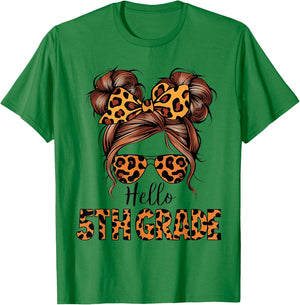 Hello 5th Grade Messy Hair Bun Girl Back To School First Day T-Shirt - T-Shirt | Irish Green