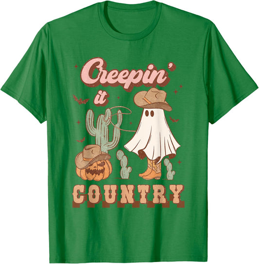 Retro Halloween Cowgirl Ghost Western Creepin' It Country T-Shirt - T-Shirt | Irish Green