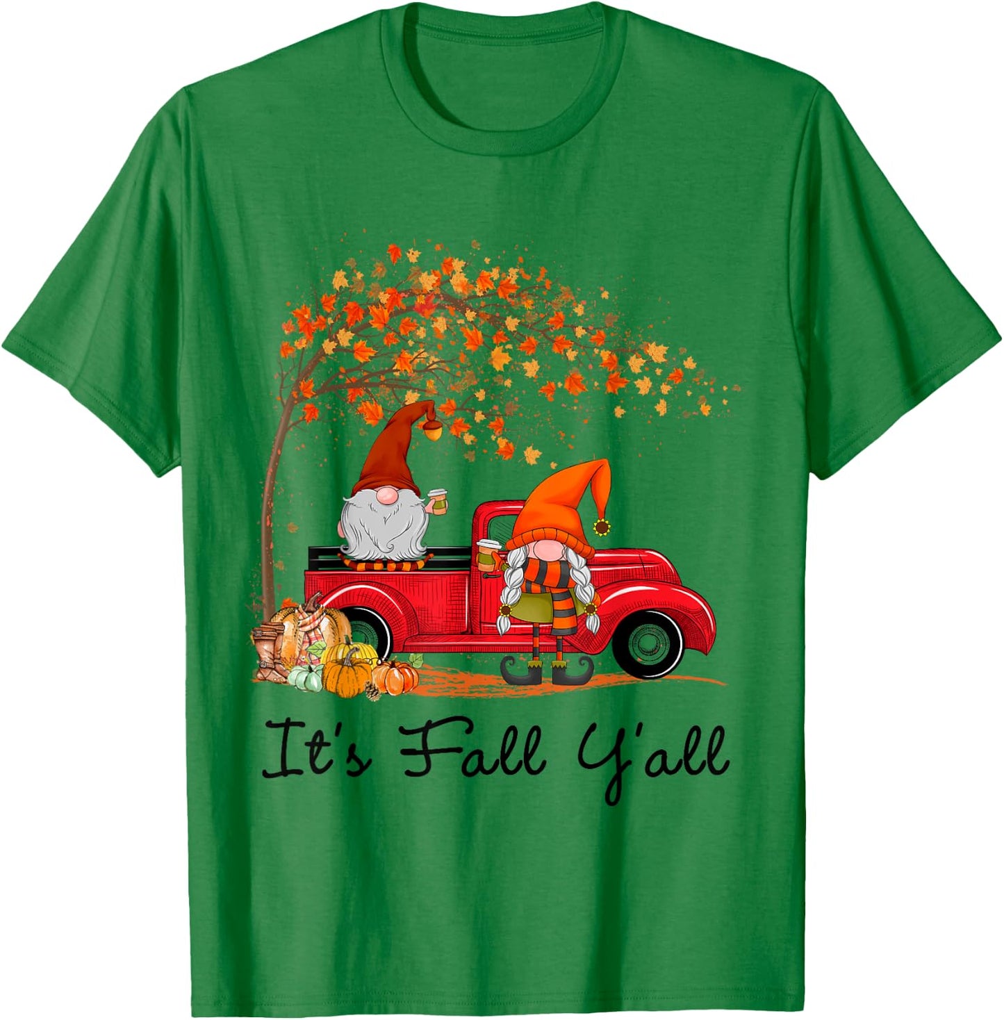 It's Fall Y'all Cute Gnomes Pumpkin Autumn Tree Fall Leaves T-Shirt - T-Shirt | Irish Green