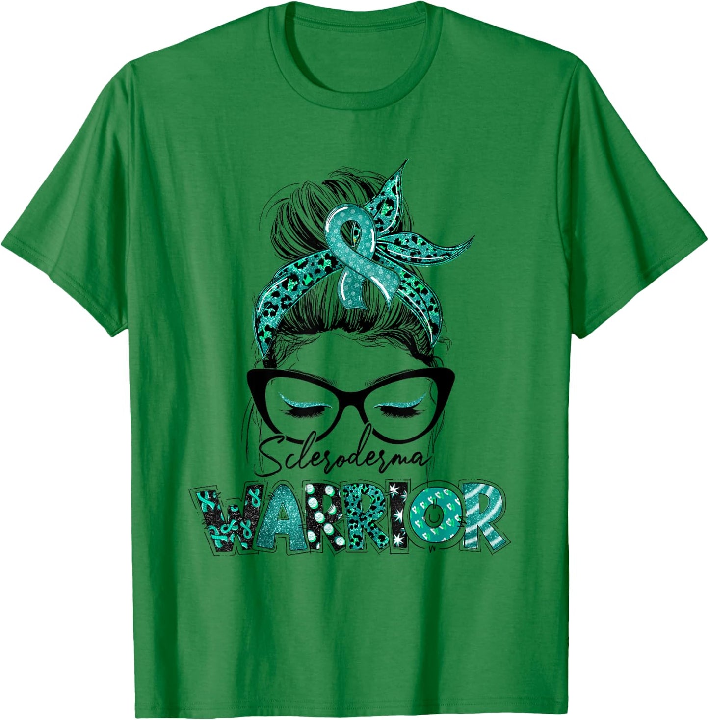 Teal Ribbon Messy Bun Hair Scleroderma Warrior T-Shirt - T-Shirt | Irish Green