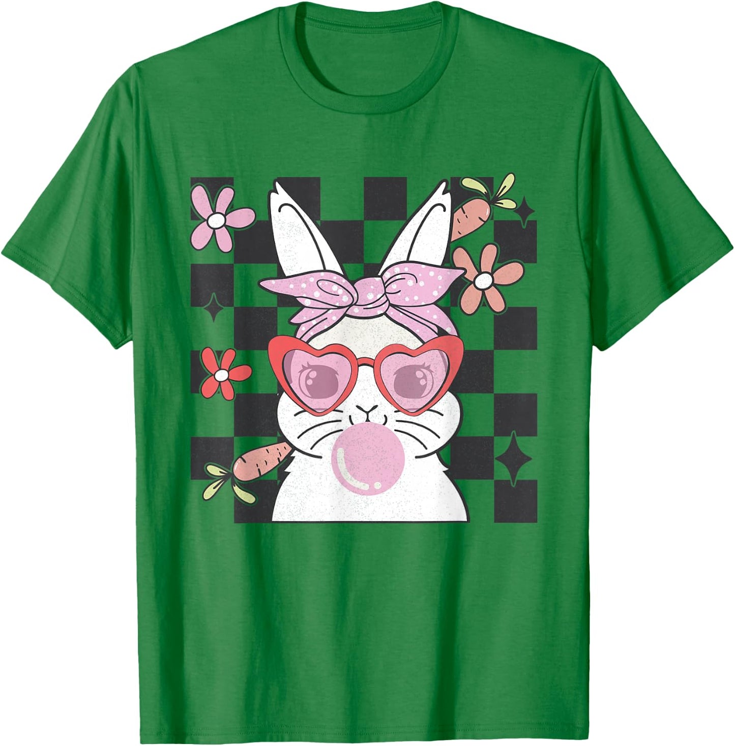Retro Groovy Easter Bunny Bubblegum Checkered Girls T-Shirt - T-Shirt | Irish Green