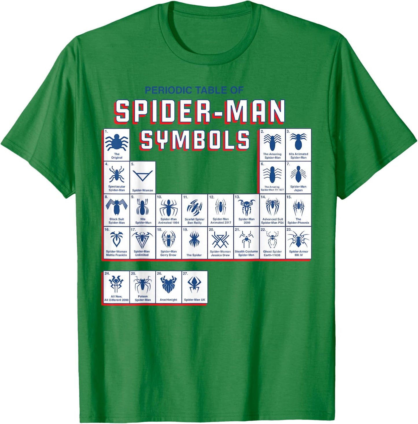 Marvel Spider-Man Periodic Table Of Spider-Man Symbols T-Shirt - T-Shirt | Irish Green
