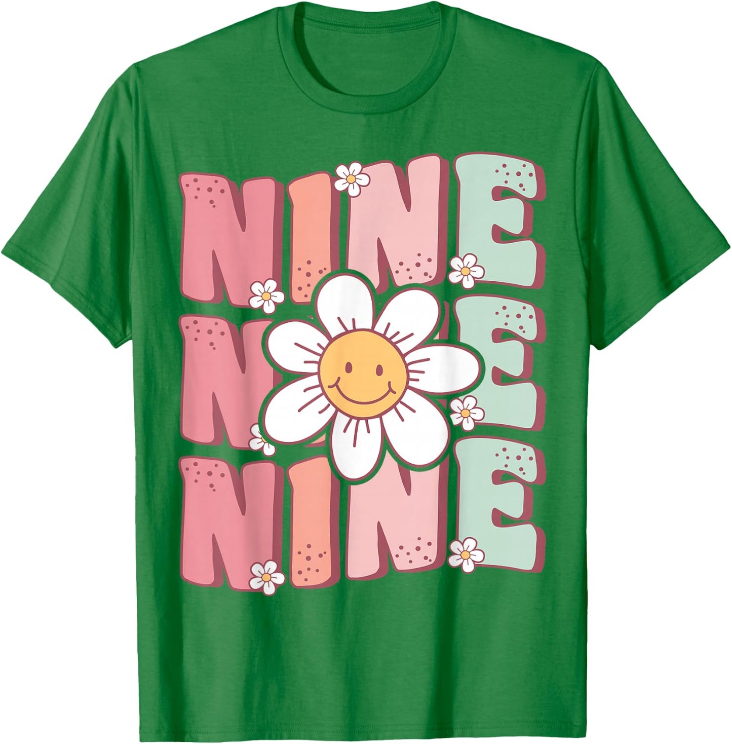 Cute Groovy 9th Birthday Party Daisy Flower Nine Year Old T-Shirt - T-Shirt | Irish Green