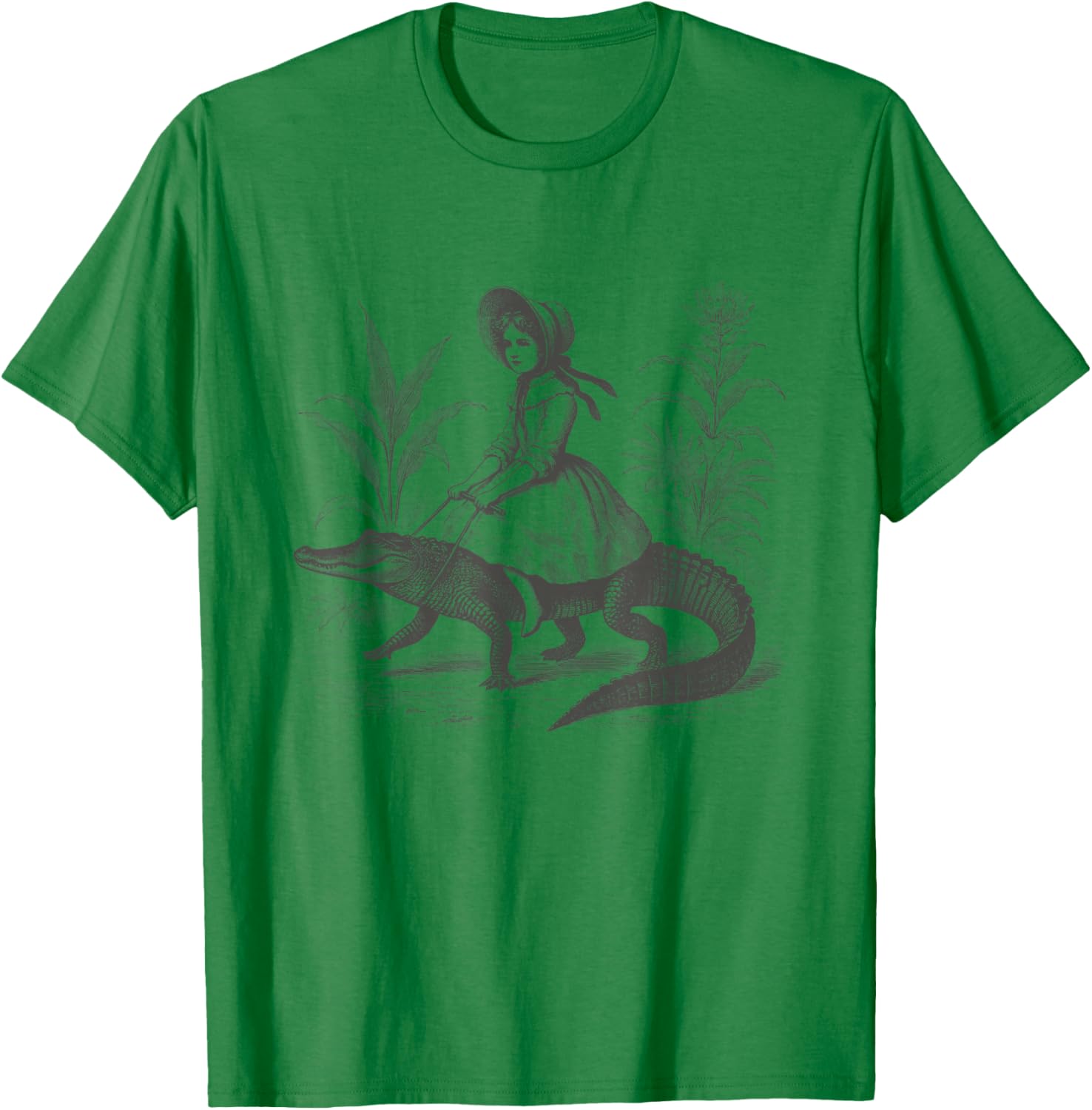 Girl Riding Alligator Vintage Weird Art Ladies Men T-Shirt - T-Shirt | Irish Green