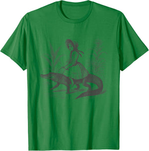 Girl Riding Alligator Vintage Weird Art Ladies Men T-Shirt - T-Shirt | Irish Green