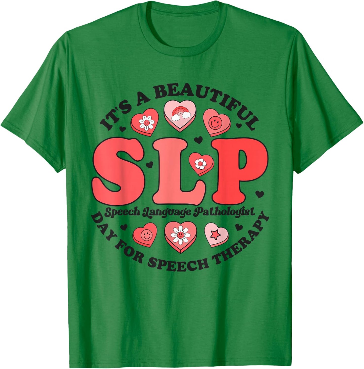SLP Speech Therapy Pathologist Crew Groovy Valentines Hearts T-Shirt - T-Shirt | Irish Green
