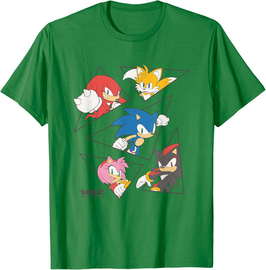 Sonic The Hedgehog Main Characters Triangle Portraits Retro T-Shirt - T-Shirt | Irish Green