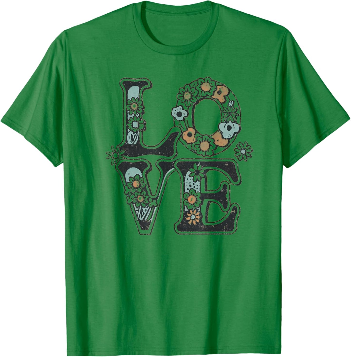 LOVE in Vintage Retro Style Graphic with Flowers T-Shirt - T-Shirt | Irish Green