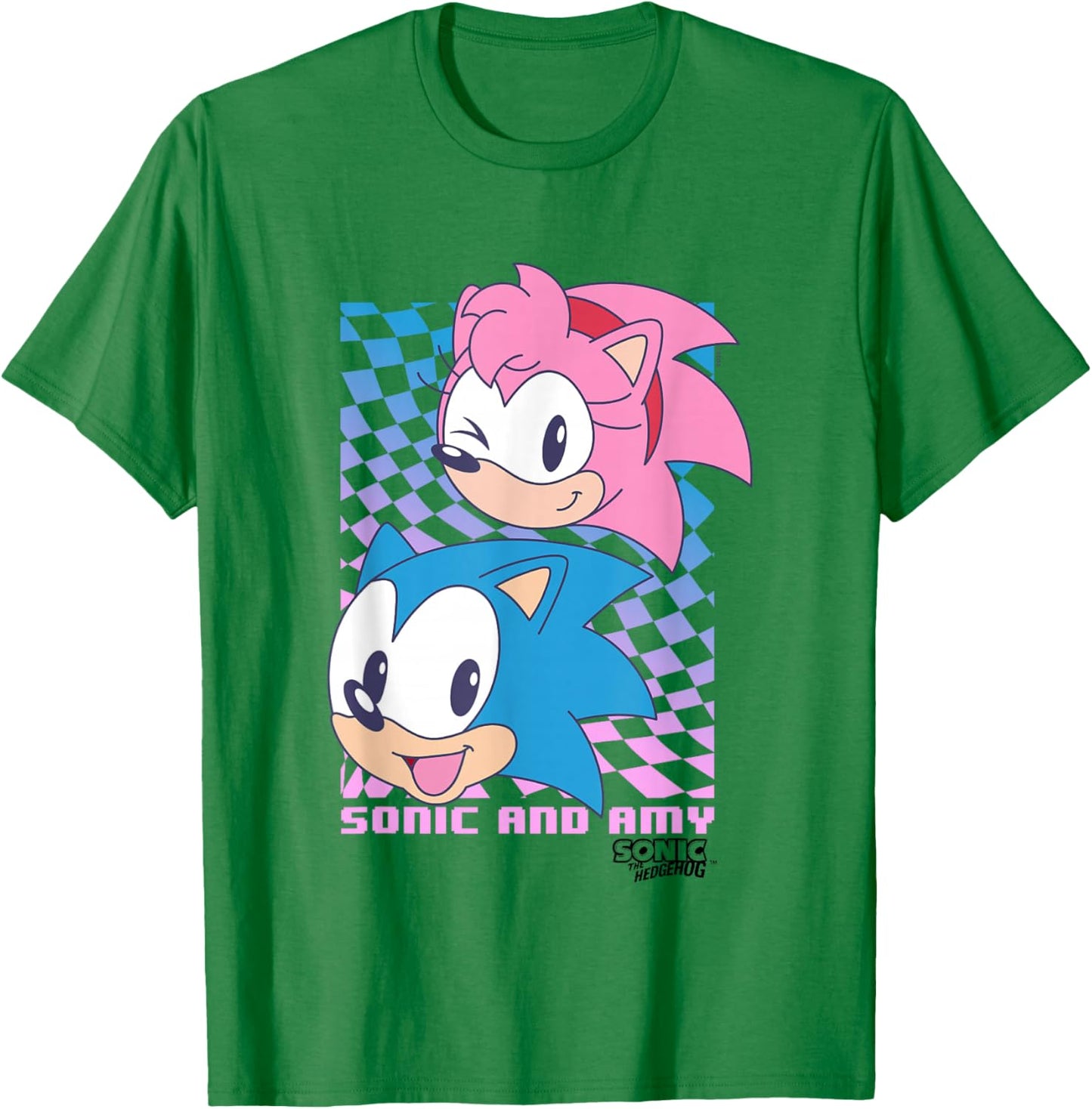 Sonic The Hedgehog Sonic & Amy Big Faces Cute Retro Poster T-Shirt - T-Shirt | Irish Green