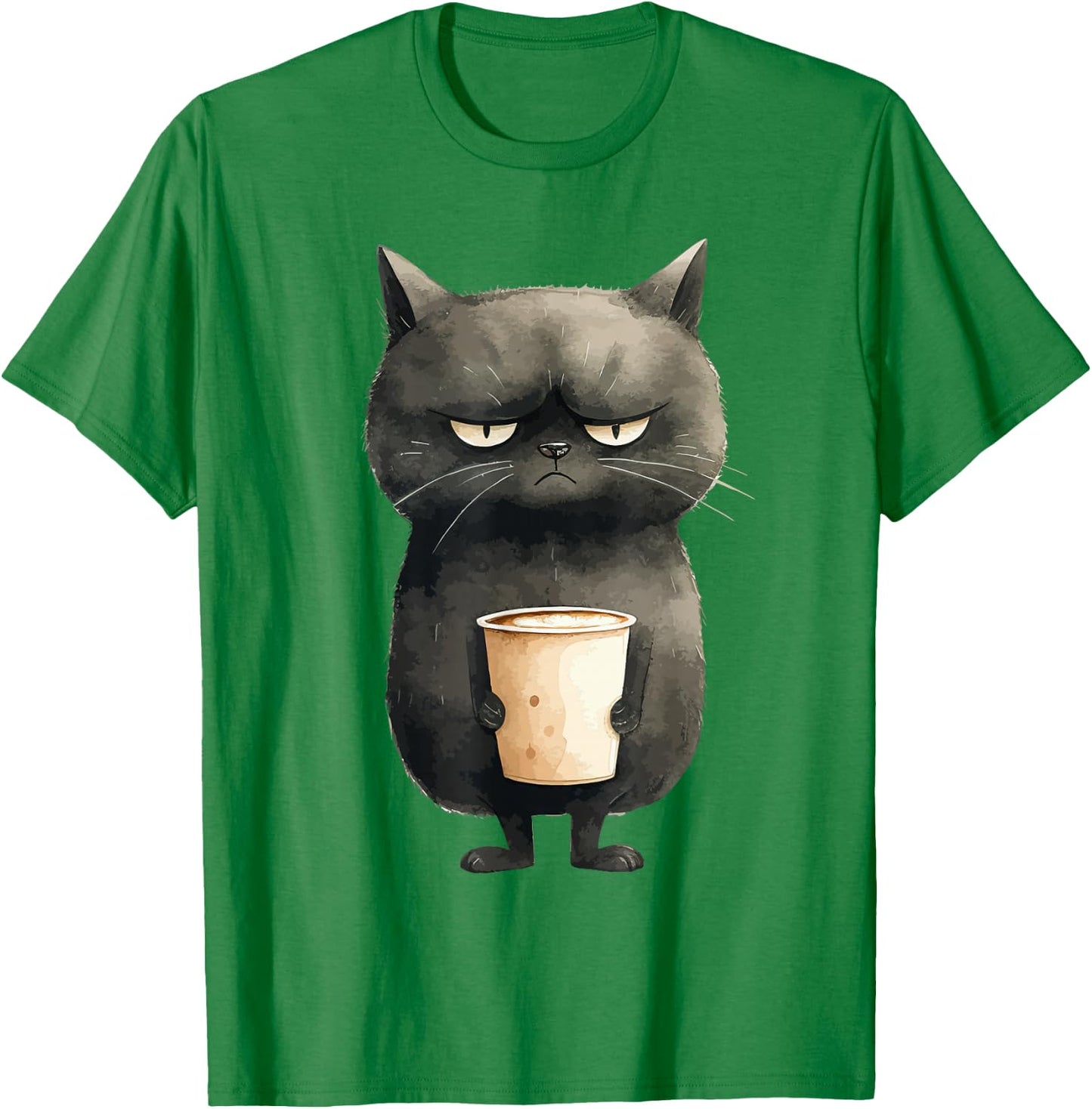 Grumpy Black Cat with Latte Coffee T-Shirt - T-Shirt | Irish Green