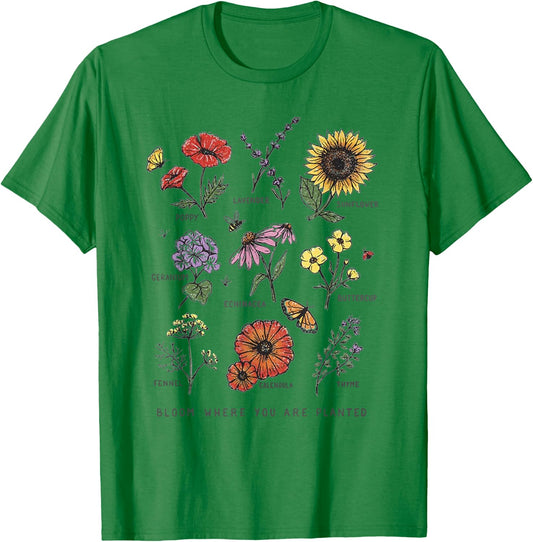 Garden Life Gift Bloom Where You Are Planted Botanican Flowers Adult Blue Small Modern Classic Floral Short Sleeve T-Shirt - T-Shirt | Irish Green