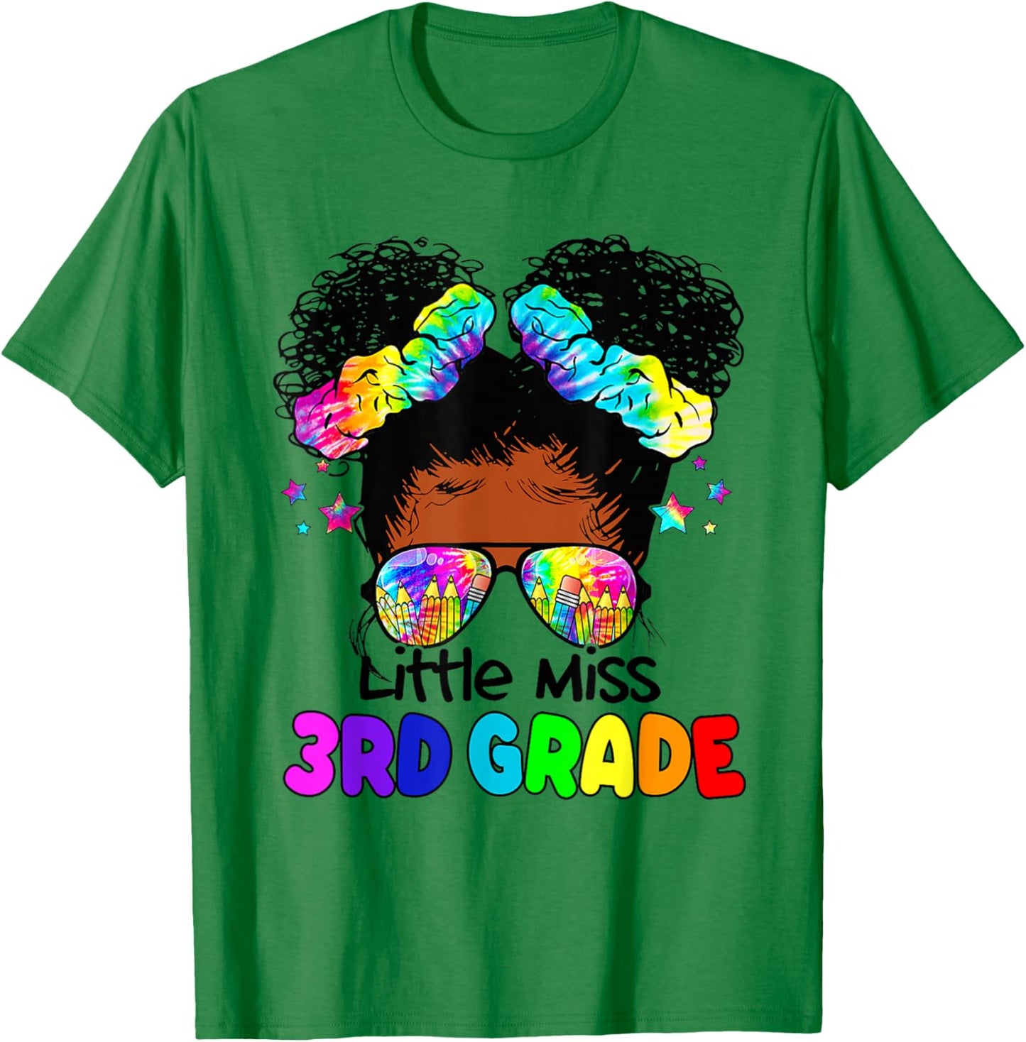Little Miss 3rd Grade Black Messy Bun Girls Back To School T-Shirt - T-Shirt | Irish Green